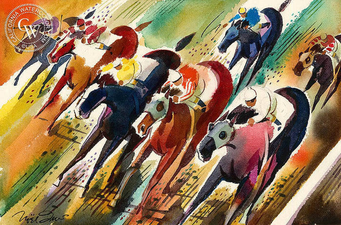 Untitled Horse Race, watercolor painting by Noel Quinn (American art). Fine art giclée print reproduction by California Watercolor for wall decor.