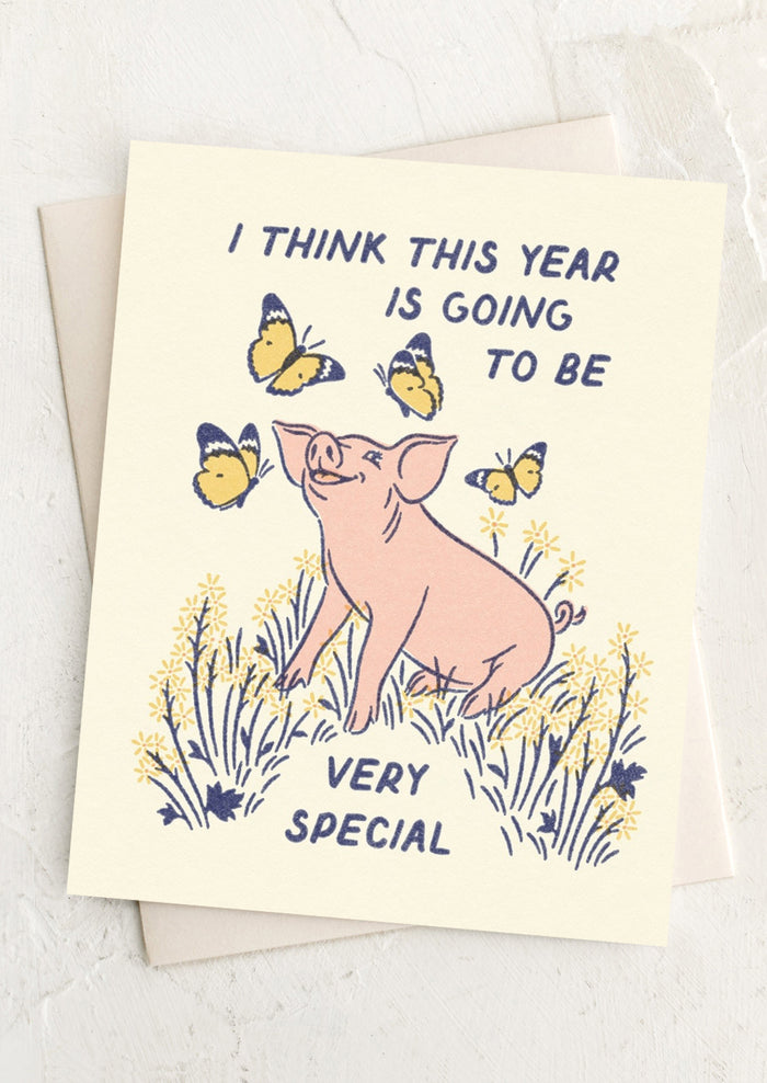 Greeting card with a pig illustration and text on a white background