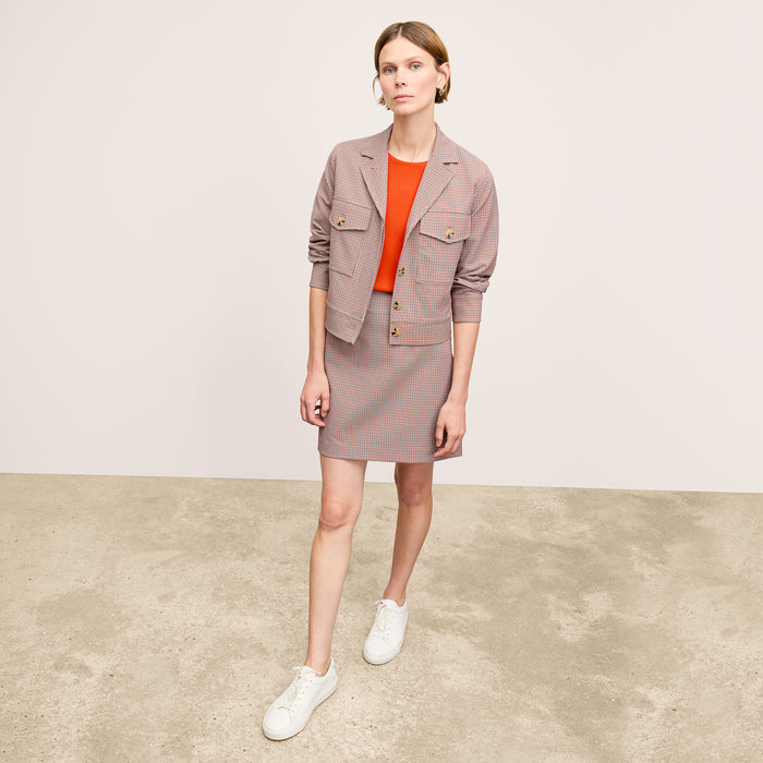 Front image of a woman wearing the Whitney Skirt in Stretch Twill in Mini Check